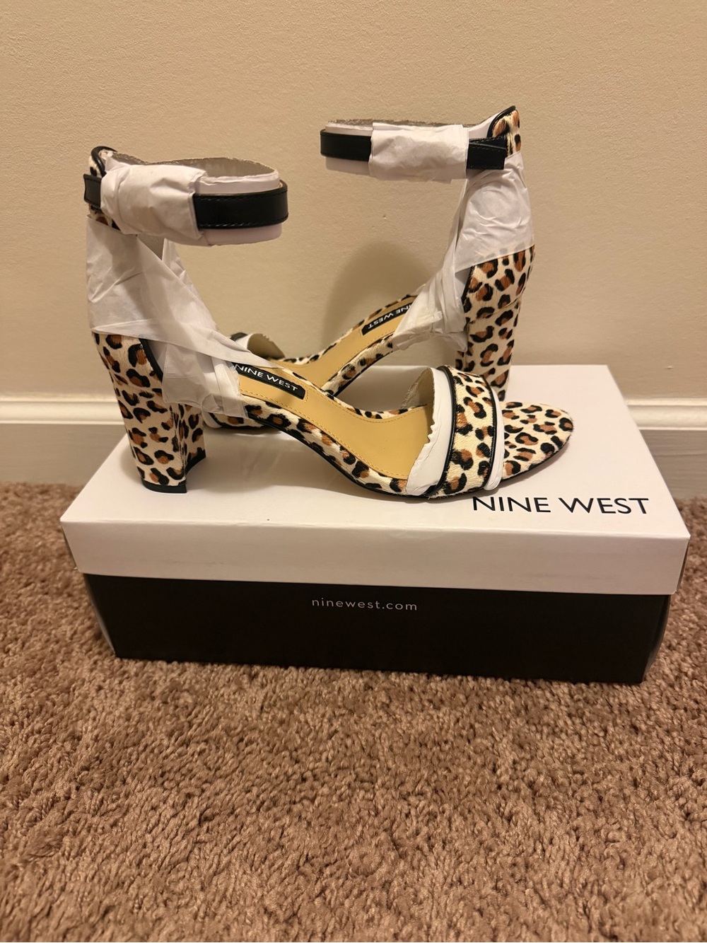 Nine West PruceP5 Leopard Print Open-Toe Ankle-Strap Block Heels, Size 8M